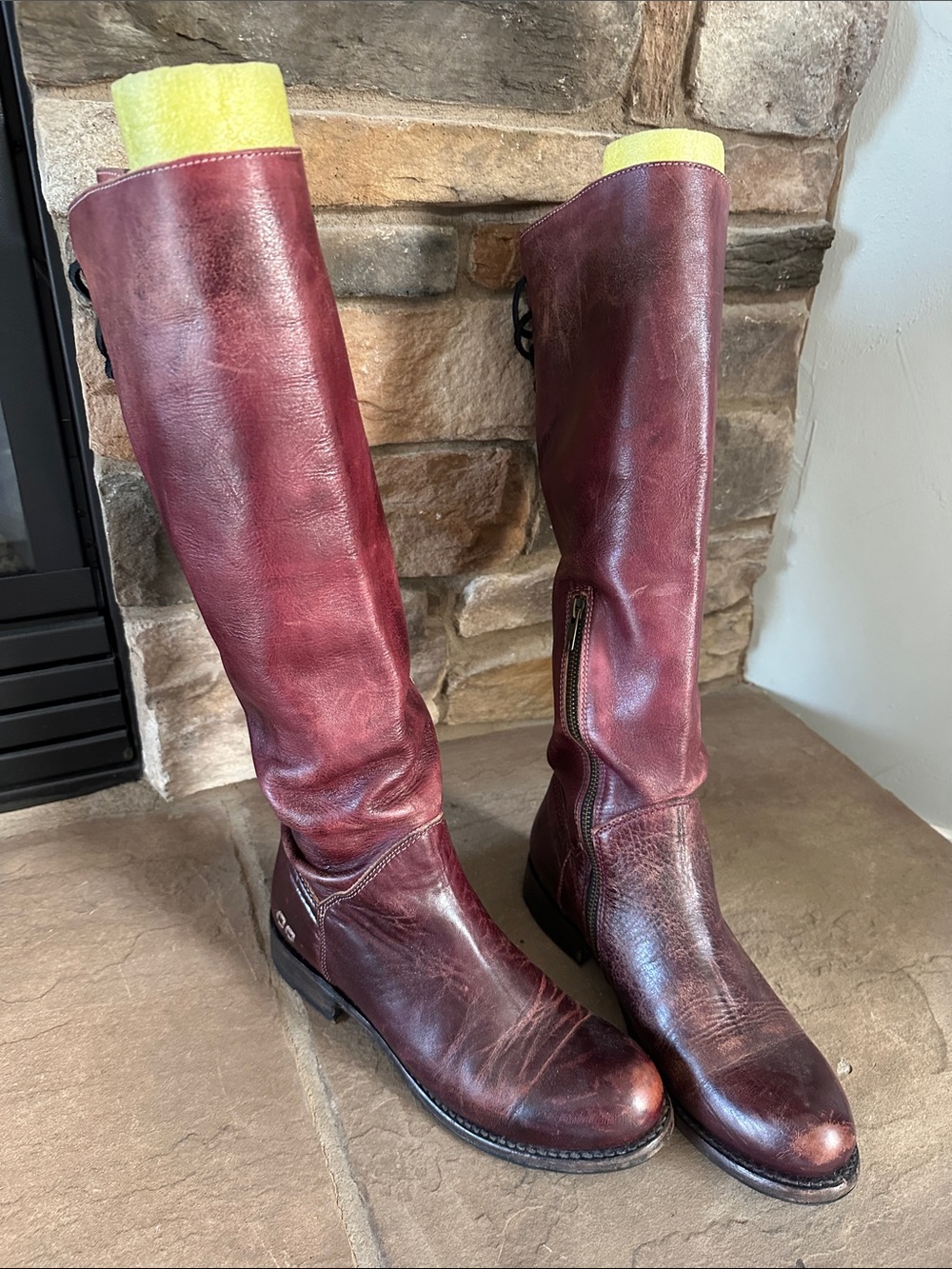 BED|STU Burgundy Leather Knee Boots with Side Zip